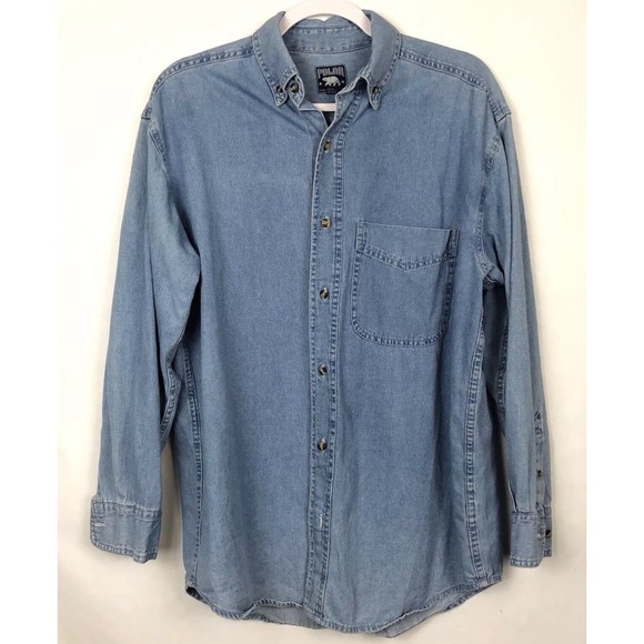 Mens Button Up Size Large Chambray Shirt Designated Driver Polar - Picture 1 of 7